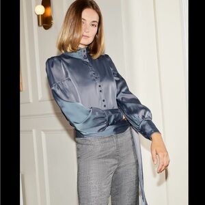 Etcetera Gray Blue Mandarin Collar Blouse